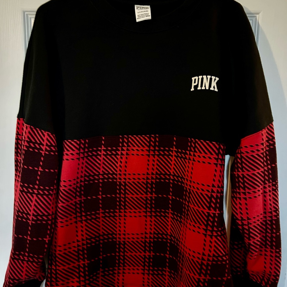 VS PINK VARSITY CREW SWEATSHIRT COLOR BLOCK BUFFALO PLAID LOGO RARE HTF Small